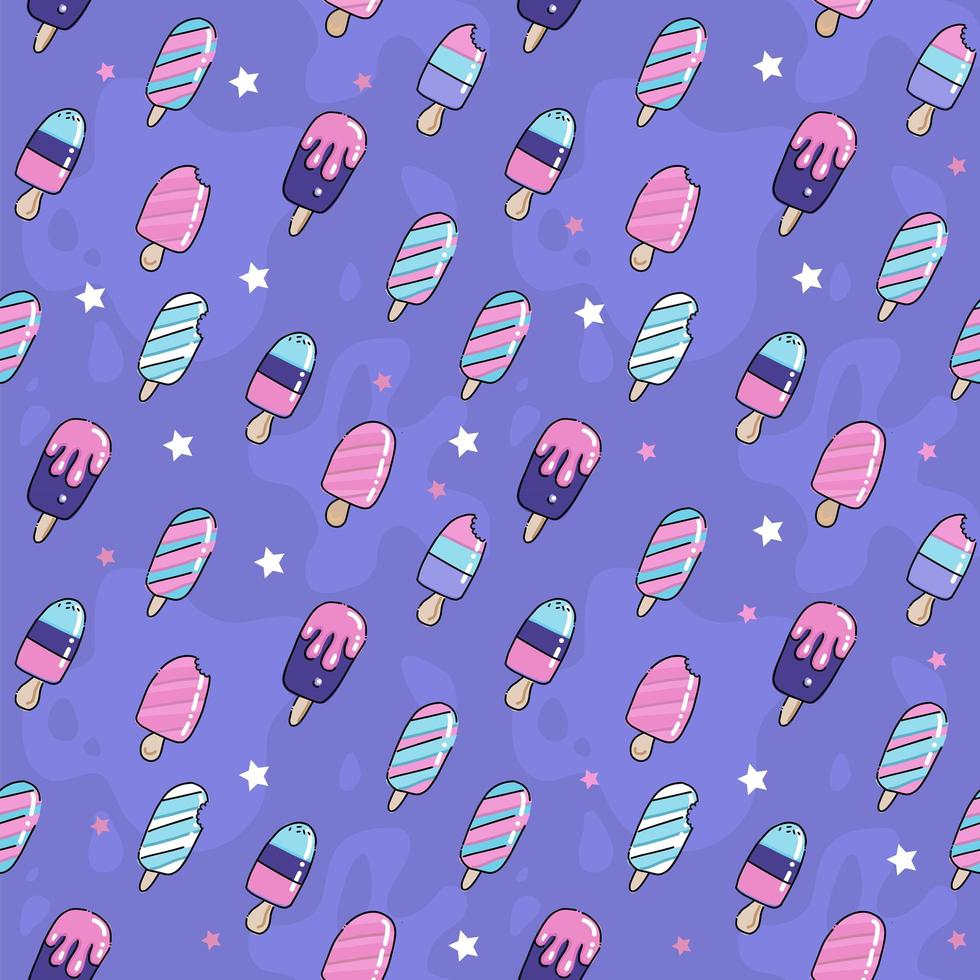 Cute pink and violet seamless pattern with ice cream lolly, popsicle, lollipop, stars and esckimo.Vector background for textile, print, child cloth, wallpaper, wrapping. Girly illustration vector