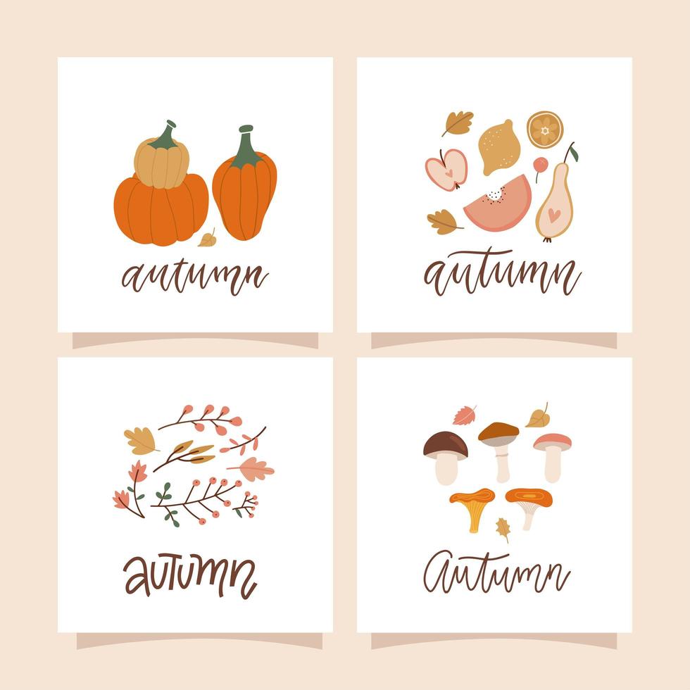 Autumn mood square cards with autumn natural compositions of leaves, mushrooms, twigs, berries and pumpkins. Hand drawn fall season elements with lettering. Flat hand drawn vector illustration.