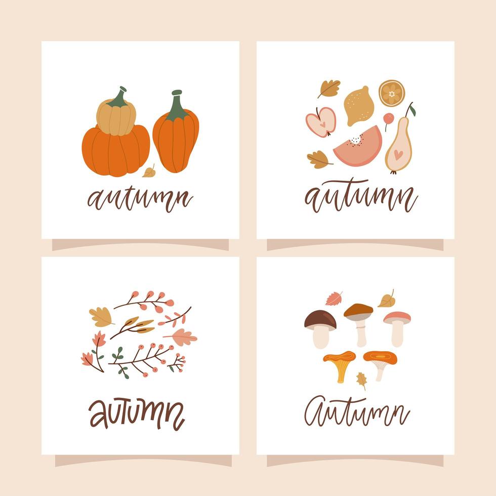 tarjetas cuadradas de humor otoñal con composiciones naturales otoñales de hojas, champiñones, ramitas, bayas y calabazas. elementos de temporada de otoño dibujados a mano con letras. ilustración vectorial dibujada a mano plana. vector