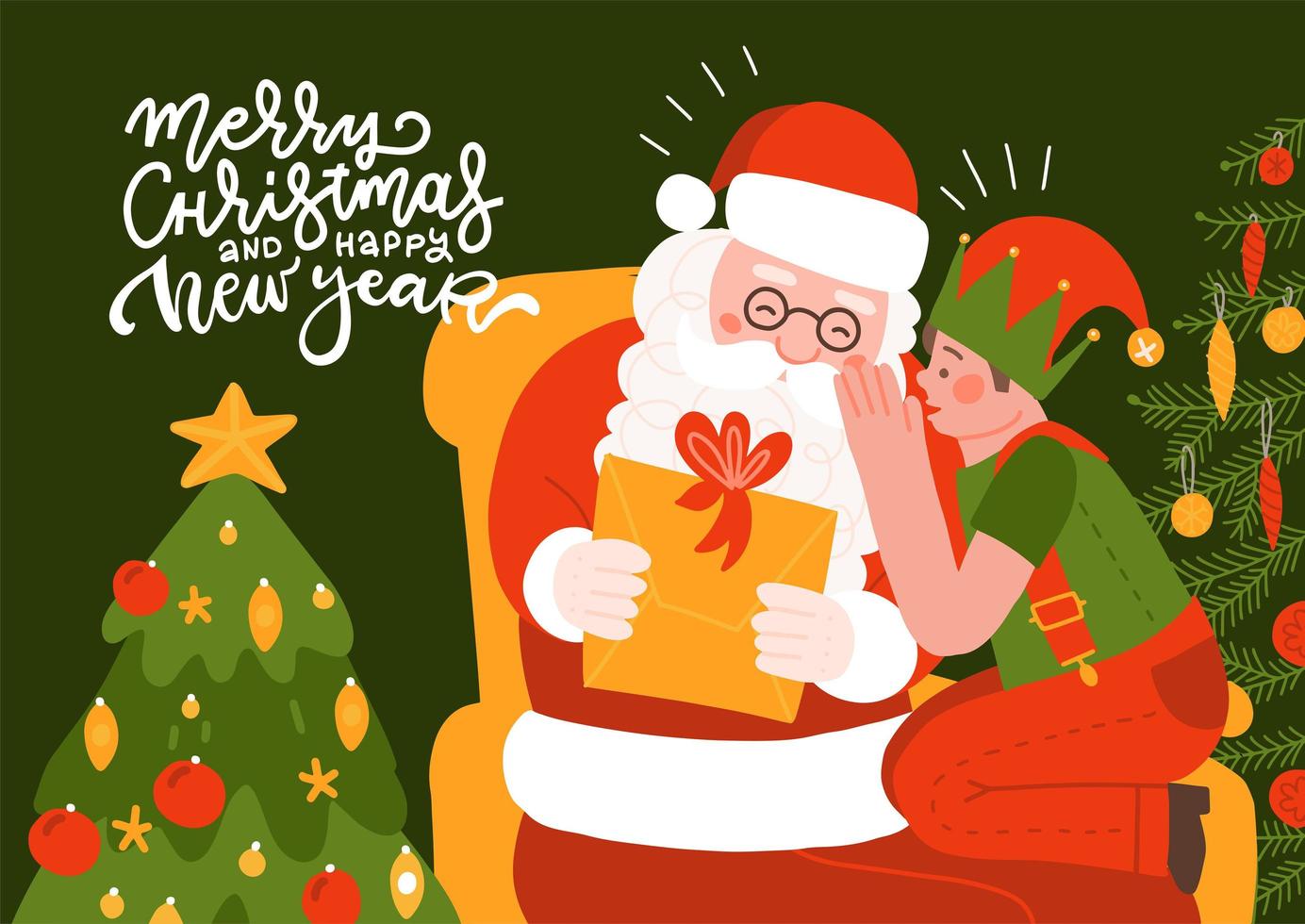 Cute greeting card - Santa Claus with a little boy on his lap. . Little boy in elf costume whispering wishes in Santa s ear. Flat hand drawn vector illustration with lettering text.
