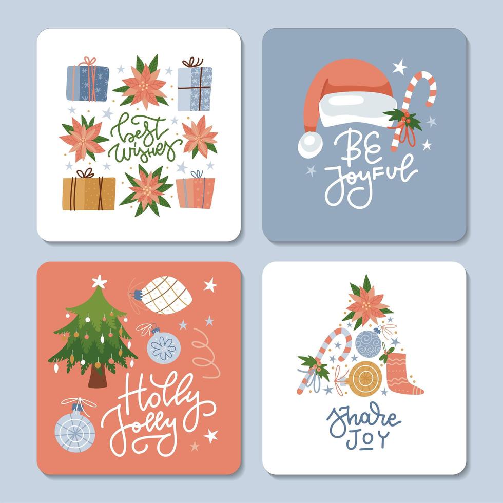 Christmas hand drawn card set. Square banner collection with winter holiday symbols. Vector flat hand drawn illustration.