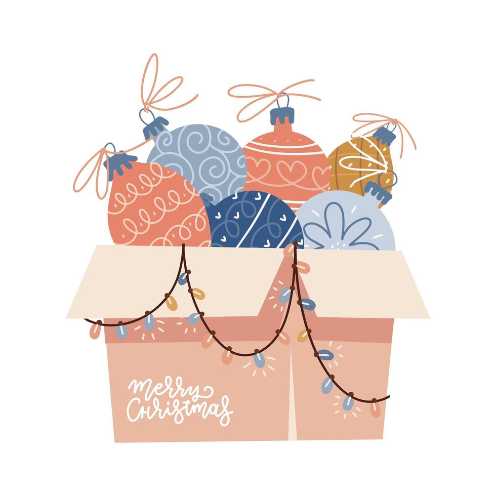 caja de cartón rebosante de adornos navideños con adornos, bolas de árbol de navidad, adornos y cadena de luces con texto de letras - feliz navidad. ilustración vectorial plana. vector