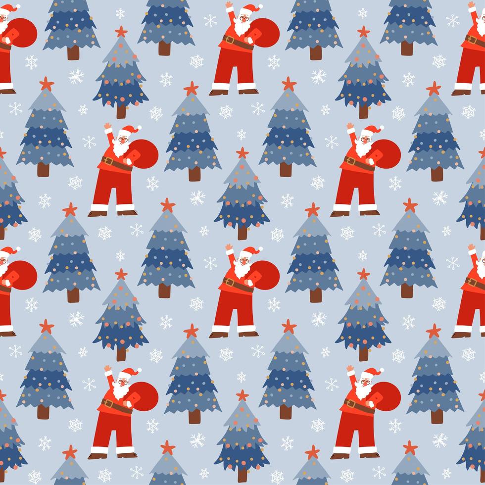 Christmass seamless pattern with cartoon Santa Claus walking with sack of gifts on snowy blue background with fir trees. Vector flat hand drawn illustration.