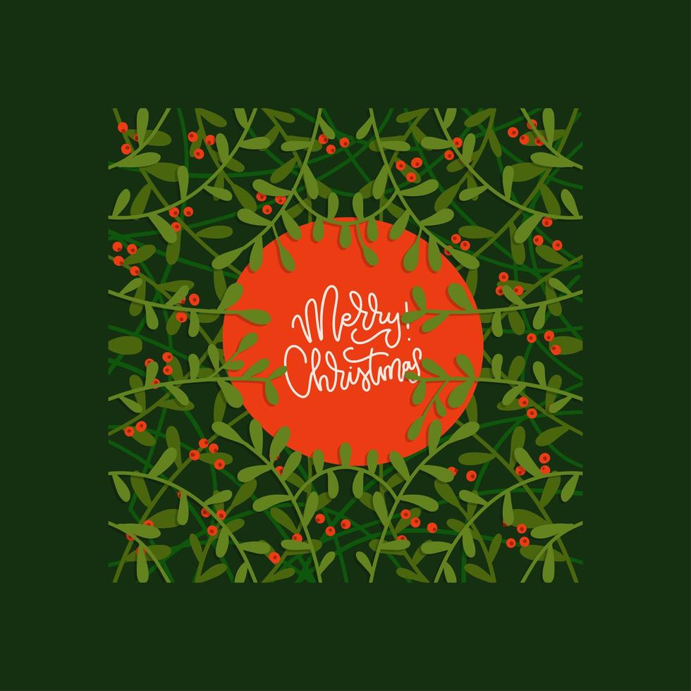 Hand drawn Greeting Card on Christmas with Floral Frames - deciduous branches with red berries. Flat vector illustration with lettering hand drawn linear text.