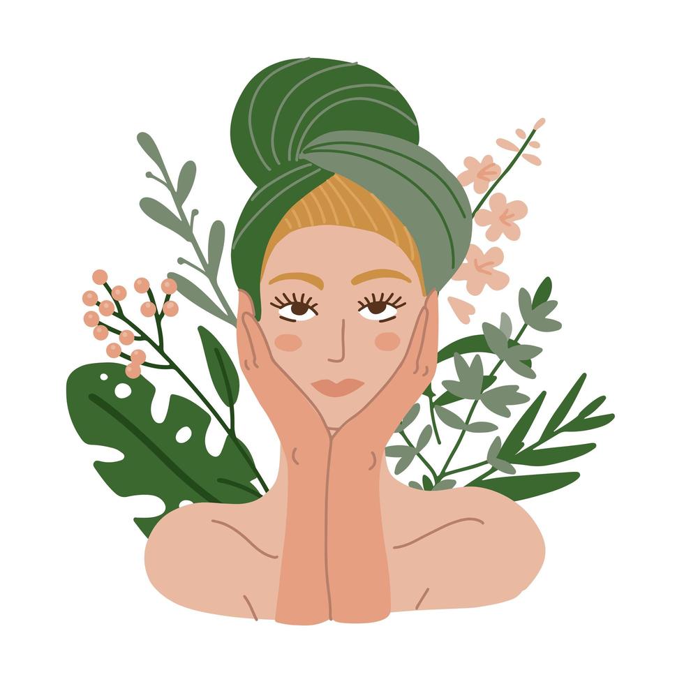 mujer con una toalla en la cabeza. procedimiento cosmético orgánico. símbolo de cosmetología natural. plantas y hojas. ilustración vectorial plana. vector