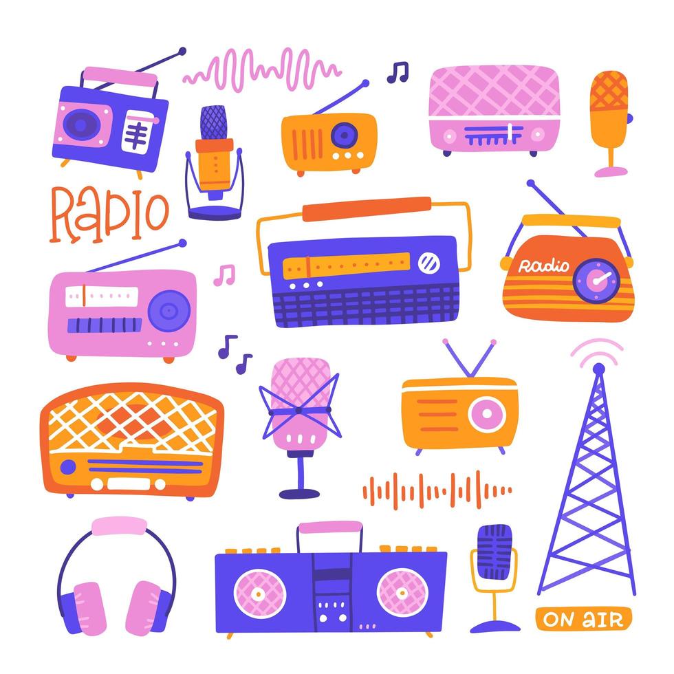 Vintage set with radio, microphone, headphones, radio tower, tape recorder elements in bright trendy flat style. Vector hand drawn illustration.