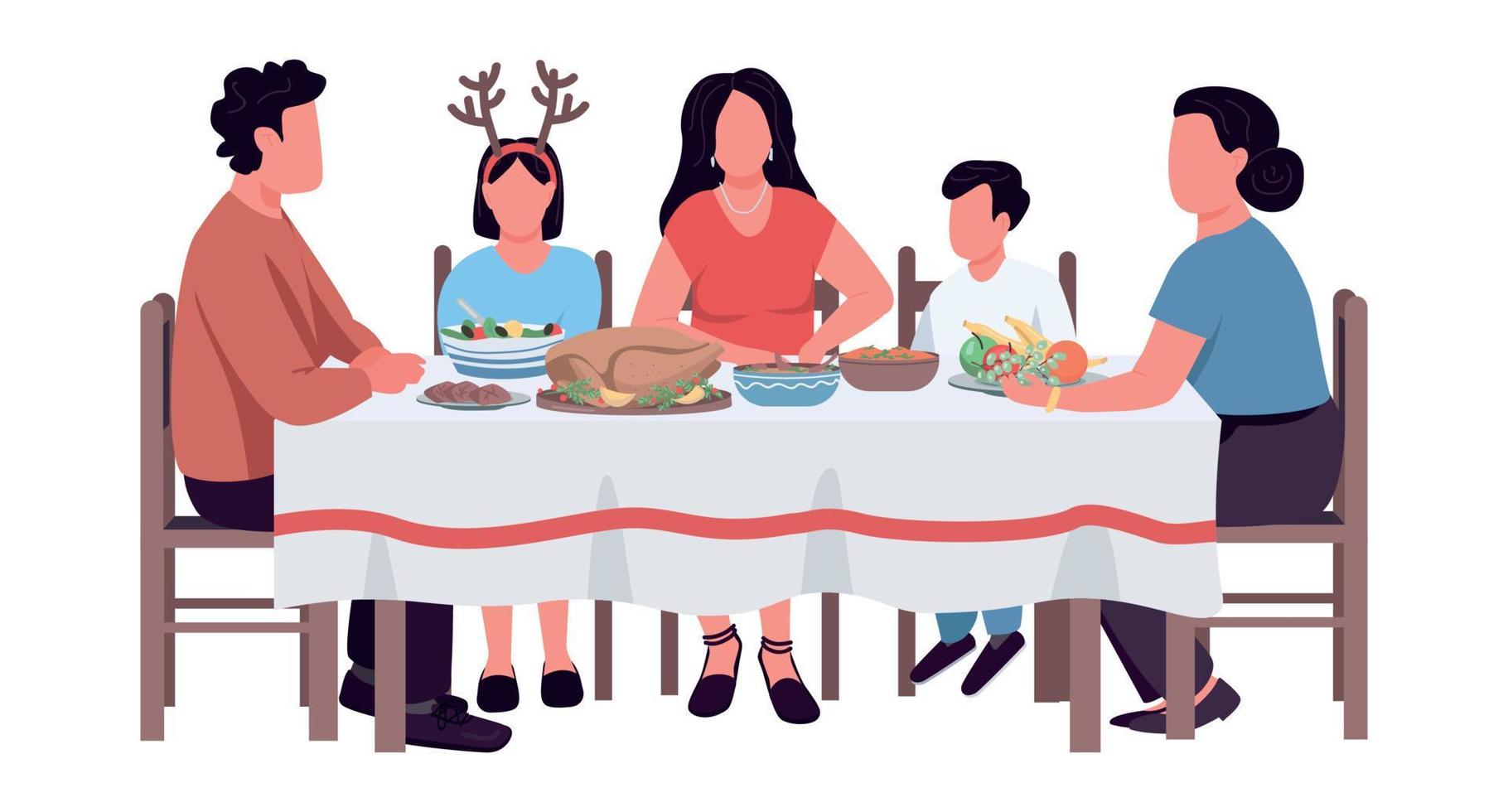 Thanksgiving dinner table semi flat color vector characters