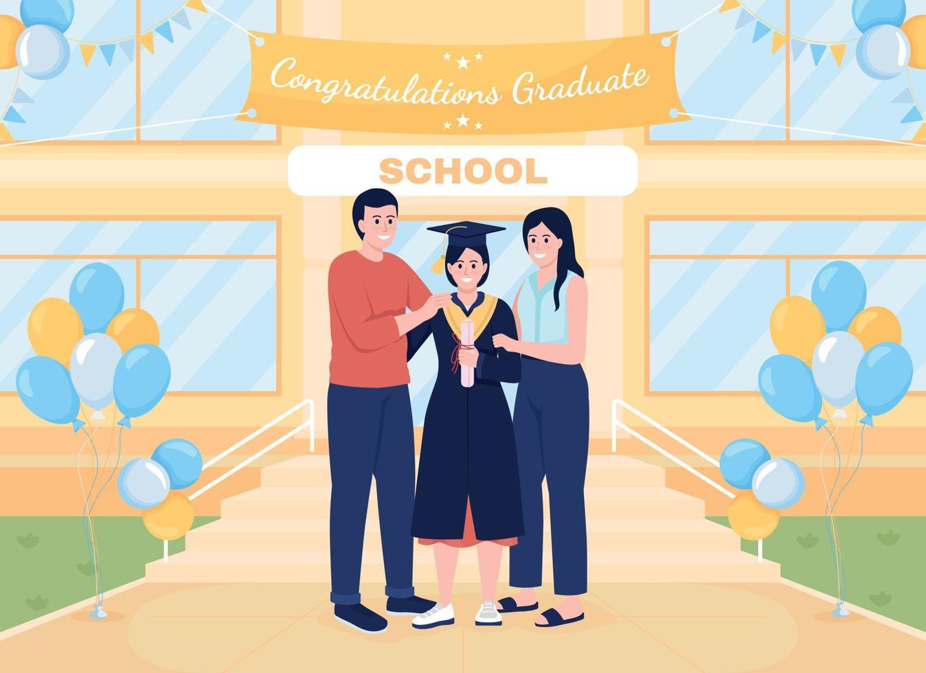 Graduado de la escuela y padres ilustración de vector de color plano