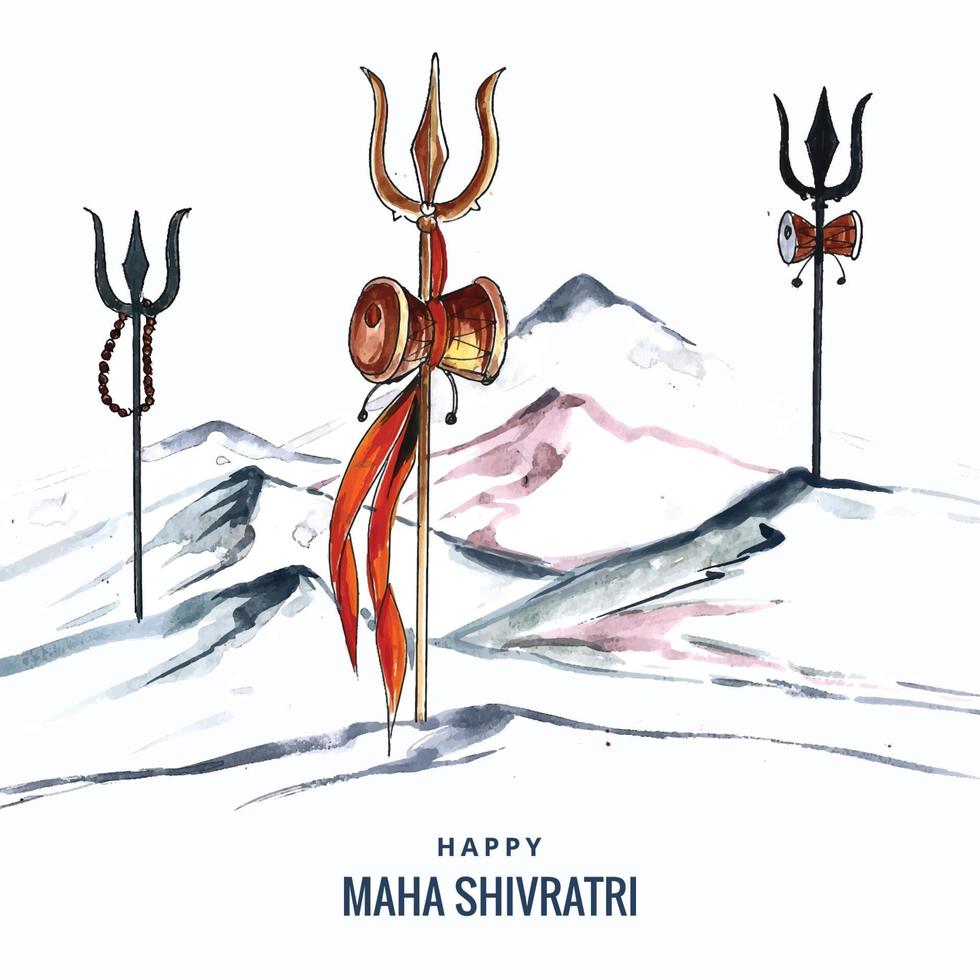 Happy maha shivratri card with trisulam a hindu festival and mountain background vector