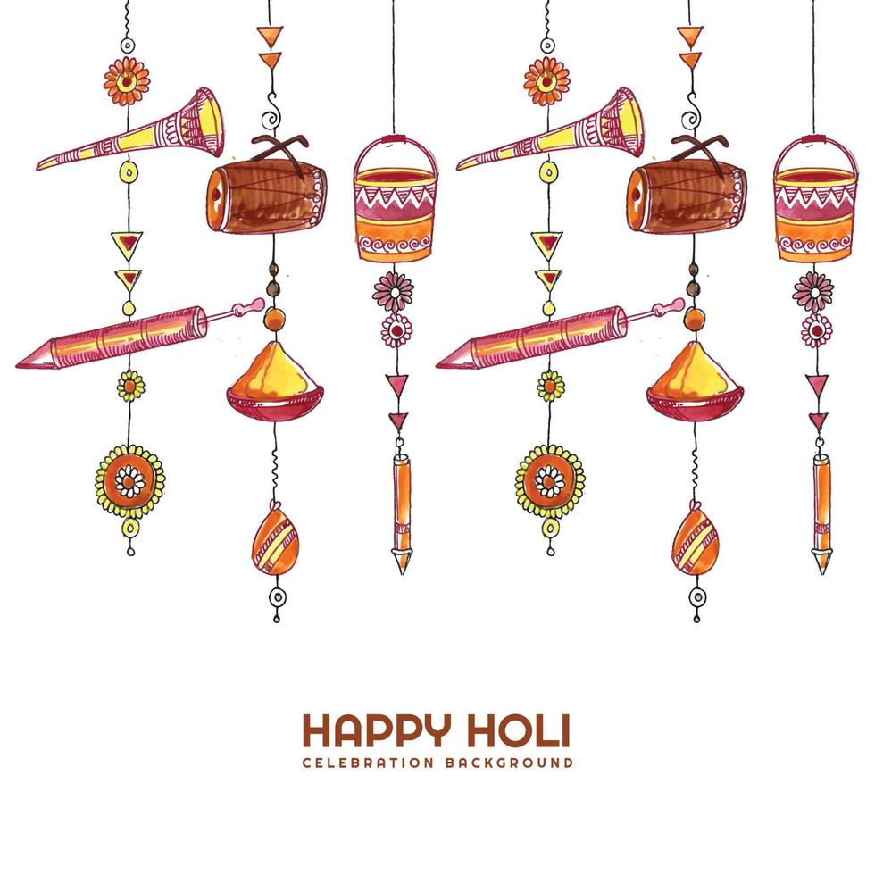 Happy holi on hanging holi elements card design vector