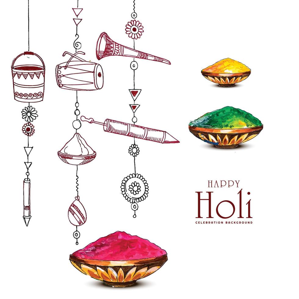 Happy holi on hanging holi sketch elements card indian festival background vector