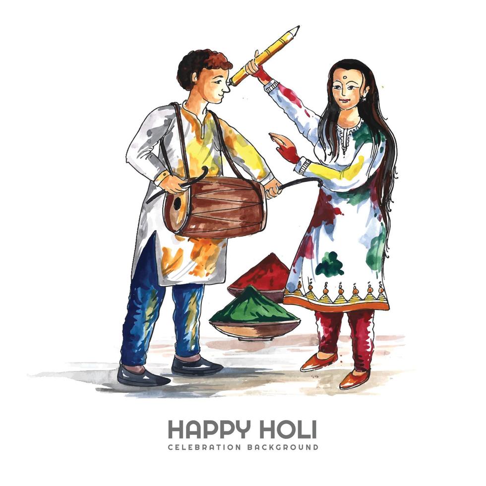 Hand draw fun characters celebrate colorful holi card background vector