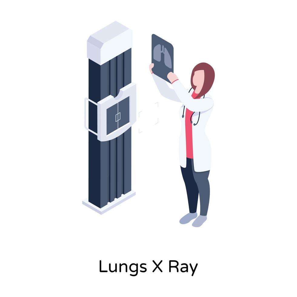 doctor escaneando pulmones rayos x, vector isométrico