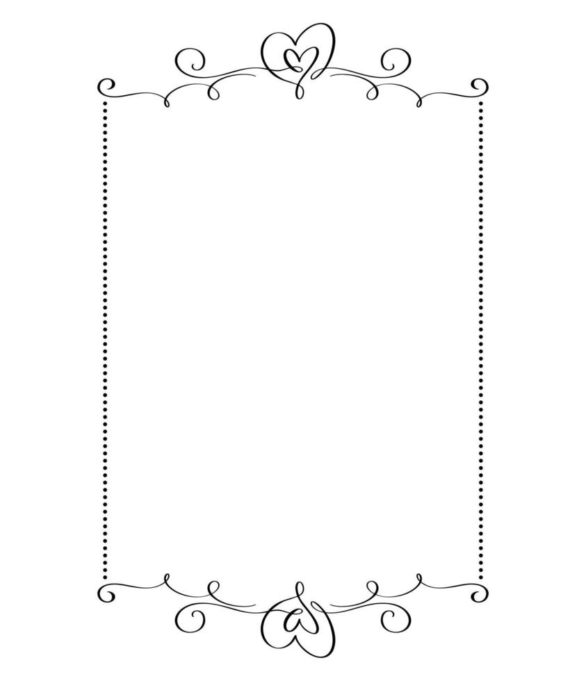 Calligraphy vector rectangular ornamental frame with hearts. Valentine