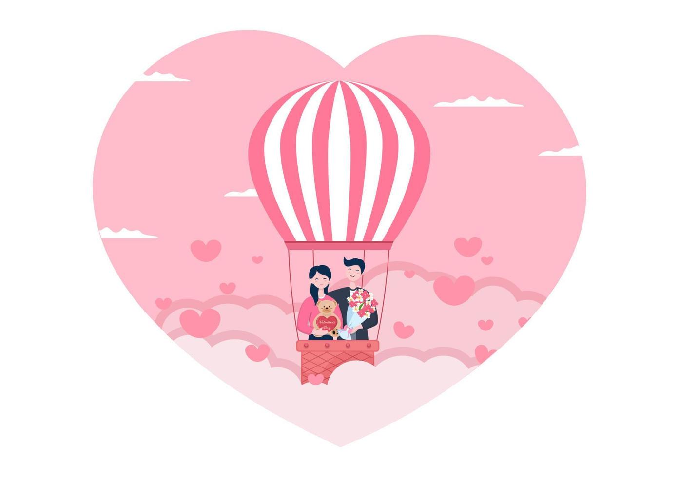 Happy Valentine's Day Flat Design Illustration Which is Commemorated on February 17 with Teddy Bear, Air Balloon and Gift for Love Greeting Card vector