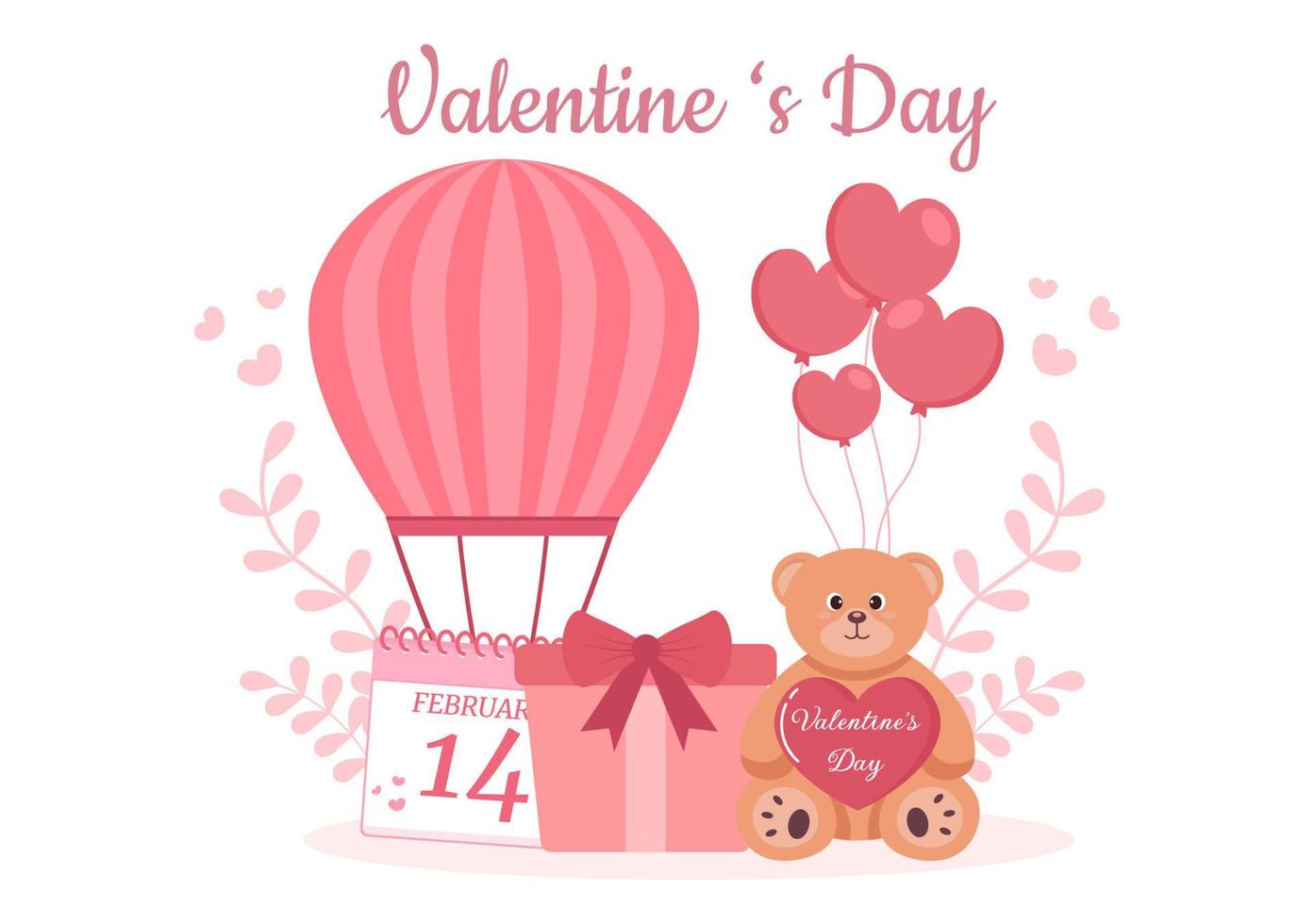 Happy Valentine's Day Flat Design Illustration Which is Commemorated on February 17 with Teddy Bear, Air Balloon and Gift for Love Greeting Card vector