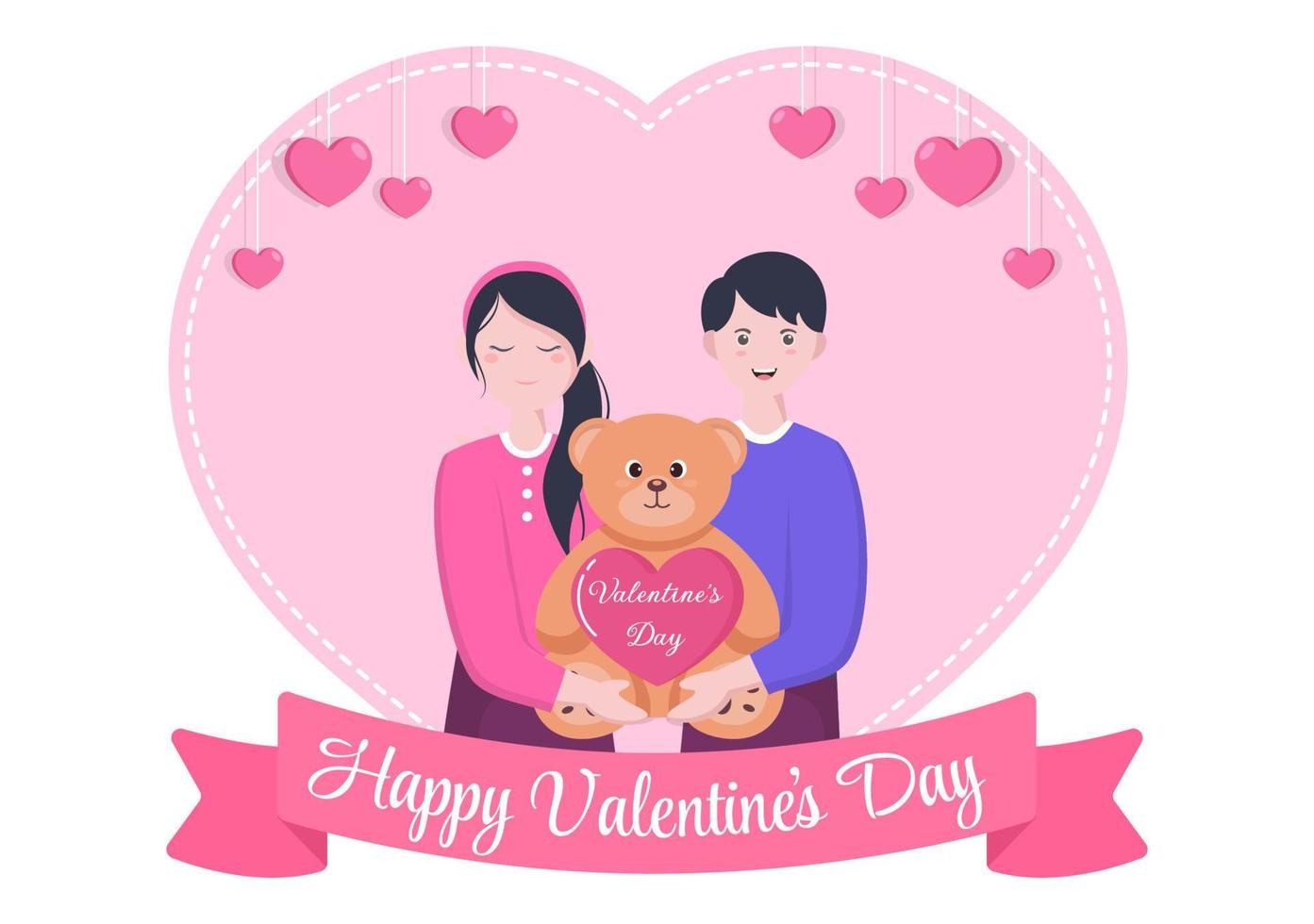 Happy Valentine's Day Flat Design Illustration Which is Commemorated on February 17 with Teddy Bear, Chocolate and Couple for Love Greeting Card vector
