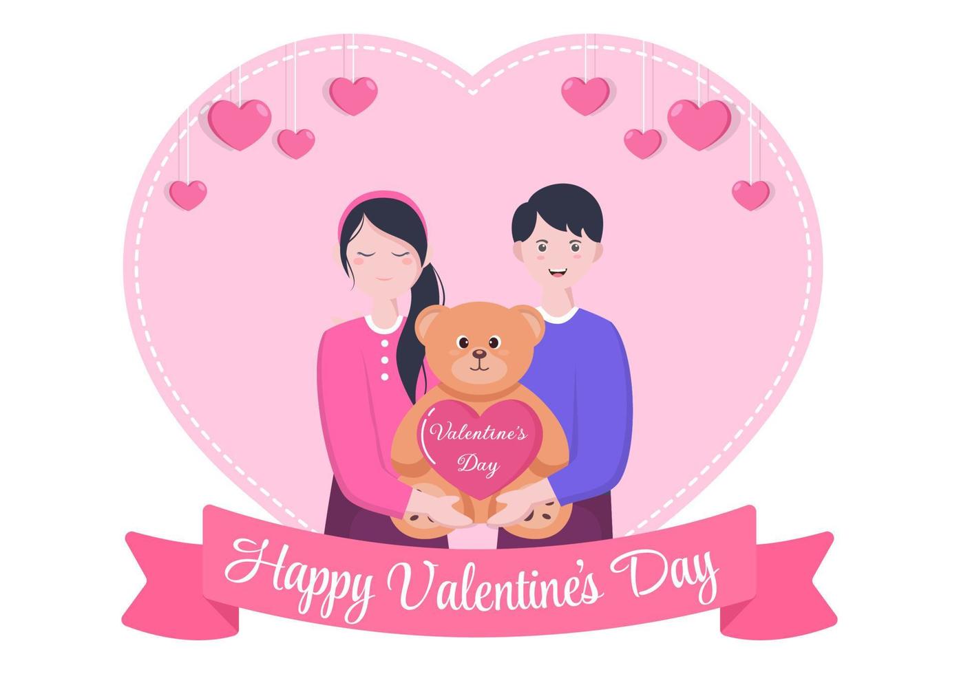 feliz día de san valentín ilustración de diseño plano que se conmemora el 17 de febrero con oso de peluche, chocolate y pareja para tarjeta de felicitación de amor vector