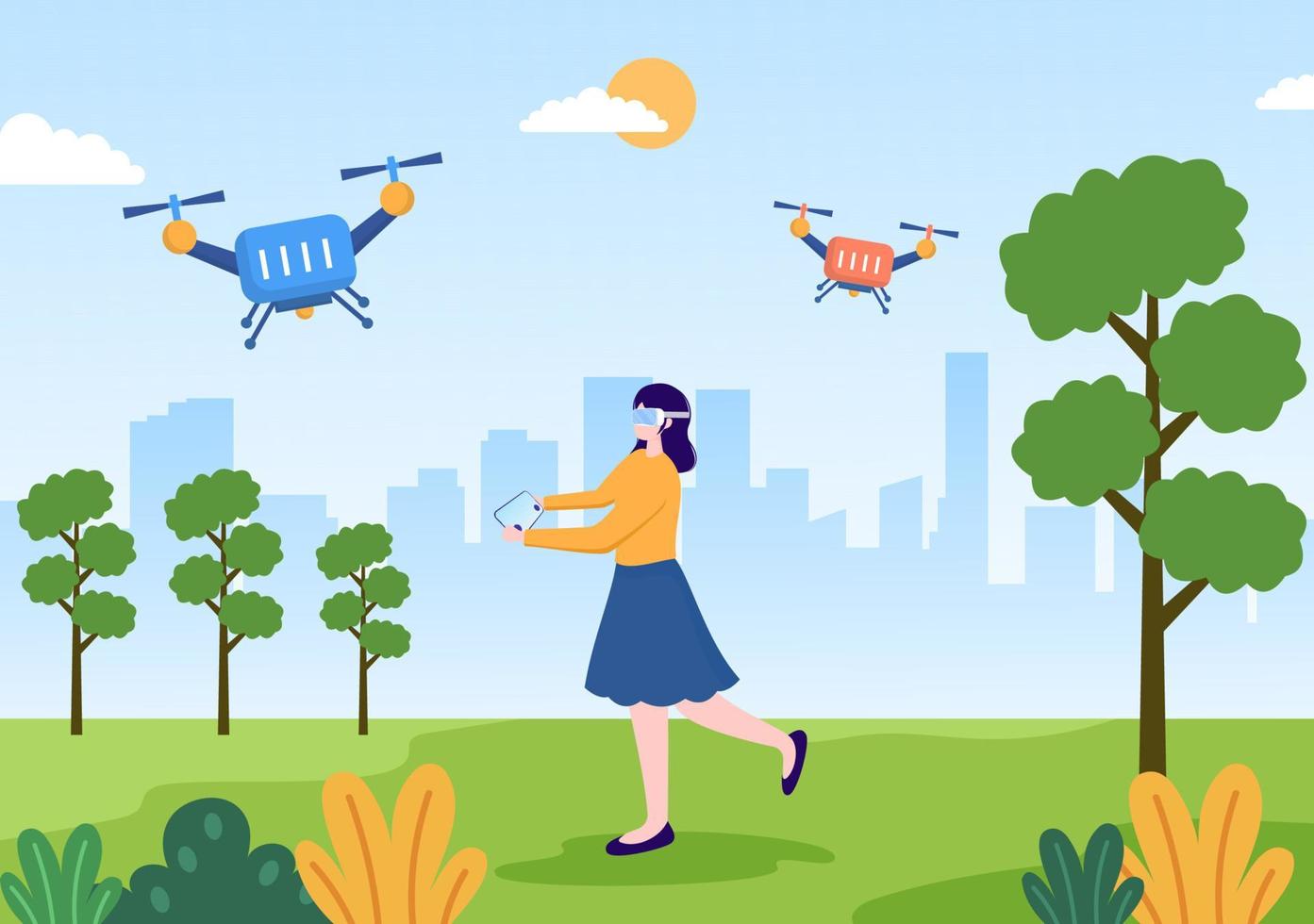 Drone with Camera Remote Control Driven Flying Over to Taking Photography and Video Recording in Flat Cartoon Background illustration vector