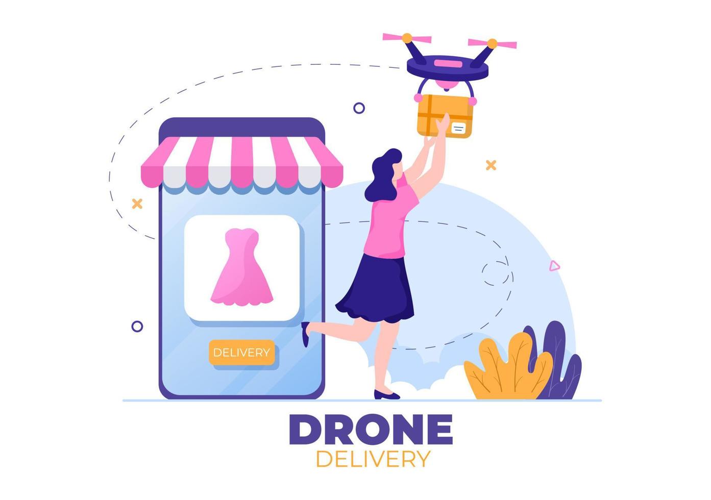 Delivery Service use Drone Background Vector Illustration. Employee Distributing Boxes using Modern Technology Device for Shipping Parcel Package