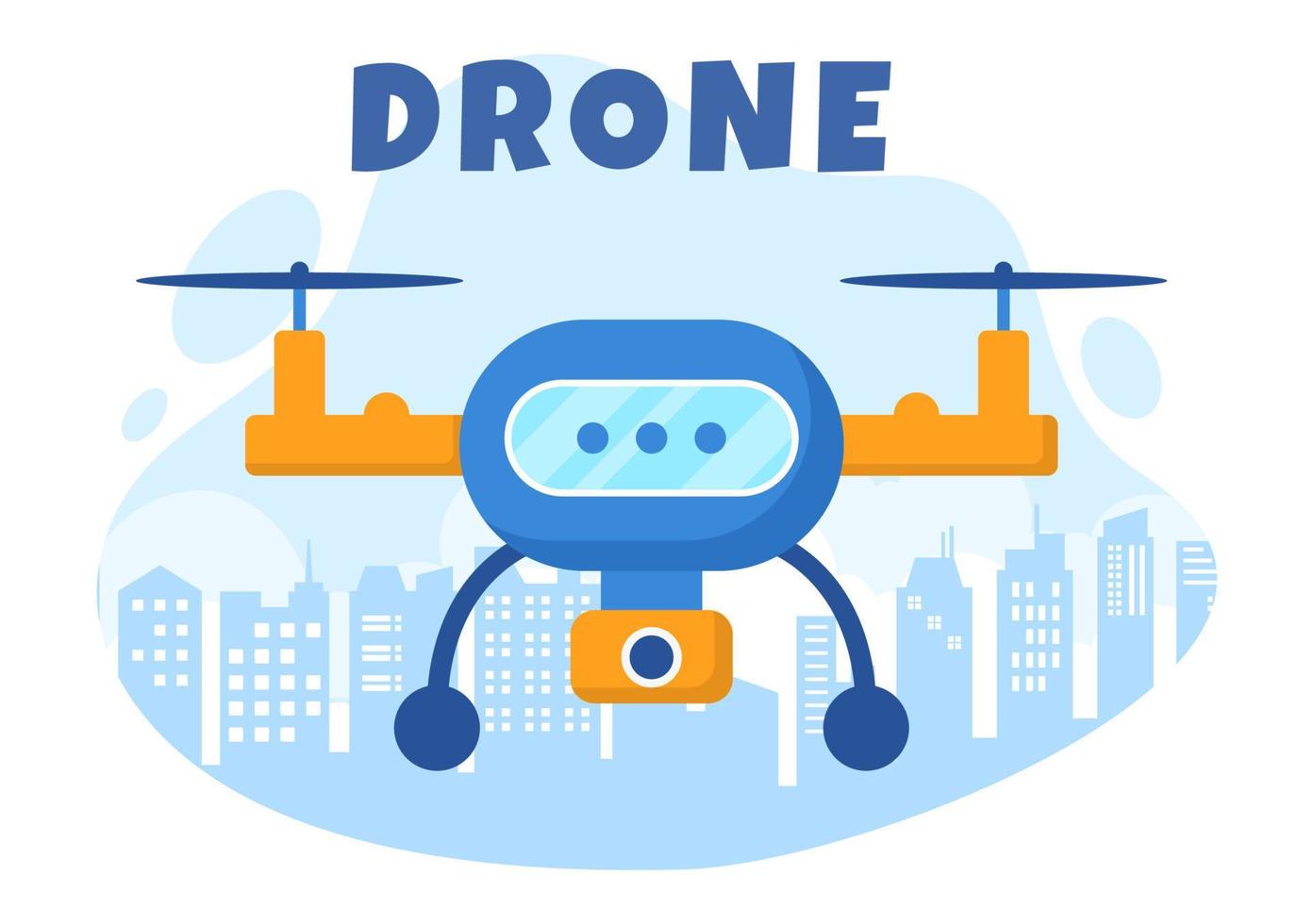 dron con control remoto de cámara impulsado volando para tomar fotografías y grabar videos en una ilustración de fondo de caricatura plana vector