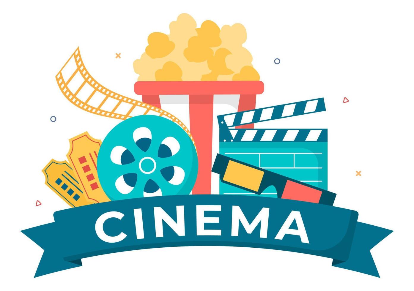 espectáculo de estreno de película o cine con cámara, palomitas de maíz, claqueta, cinta de película y carrete en ilustración de fondo de diseño plano vector