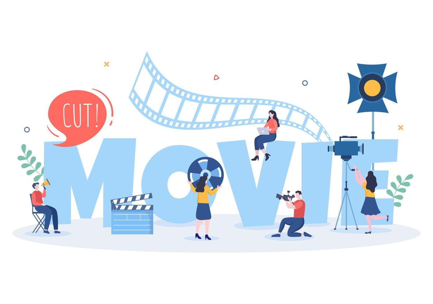 Movie Studio with Camera Crew Team People, Directur, lights, Microphone on Scene Shooting Location for Making Film in Flat Design Background Illustration vector