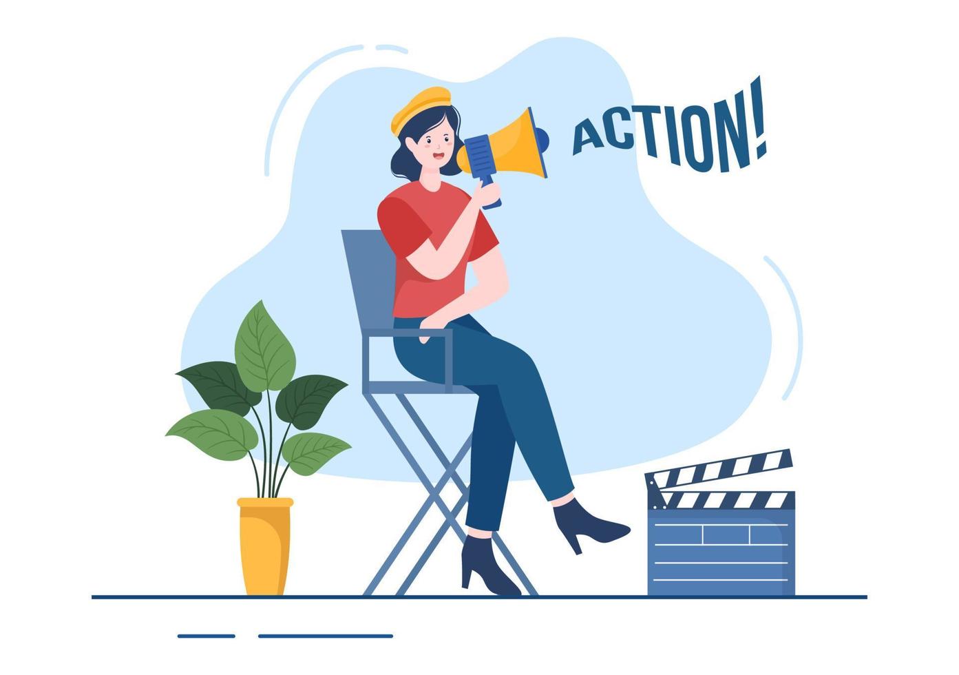 Movie Studio with Camera Crew Team People, Directur, lights, Microphone on Scene Shooting Location for Making Film in Flat Design Background Illustration vector