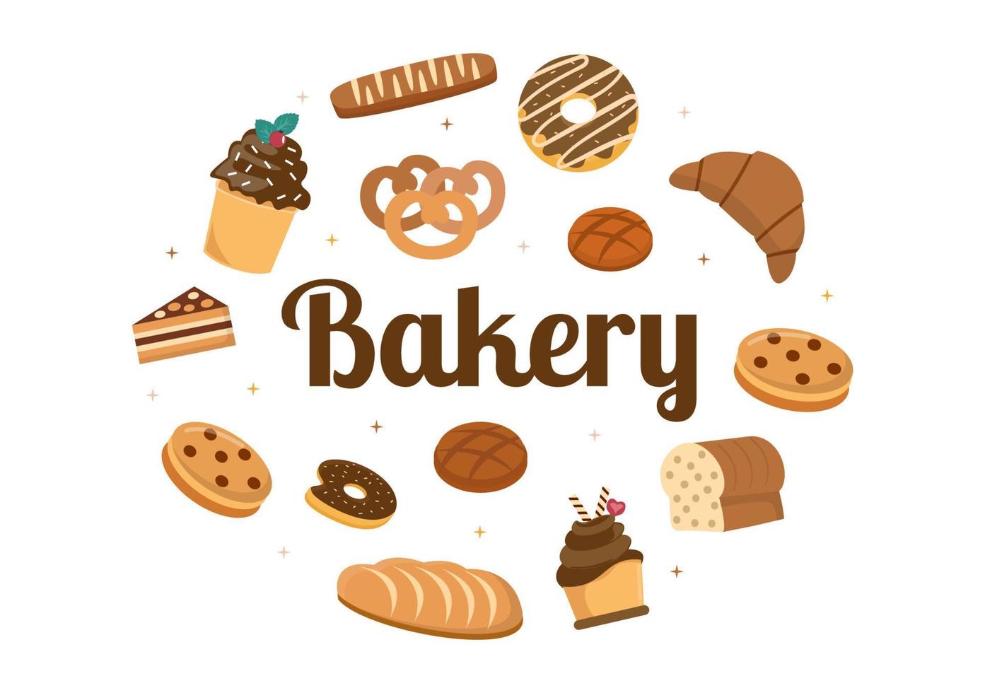 panadería que vende varios tipos de pan, como pan blanco, pastelería y otros, todos horneados en un fondo plano para ilustrar afiches vector