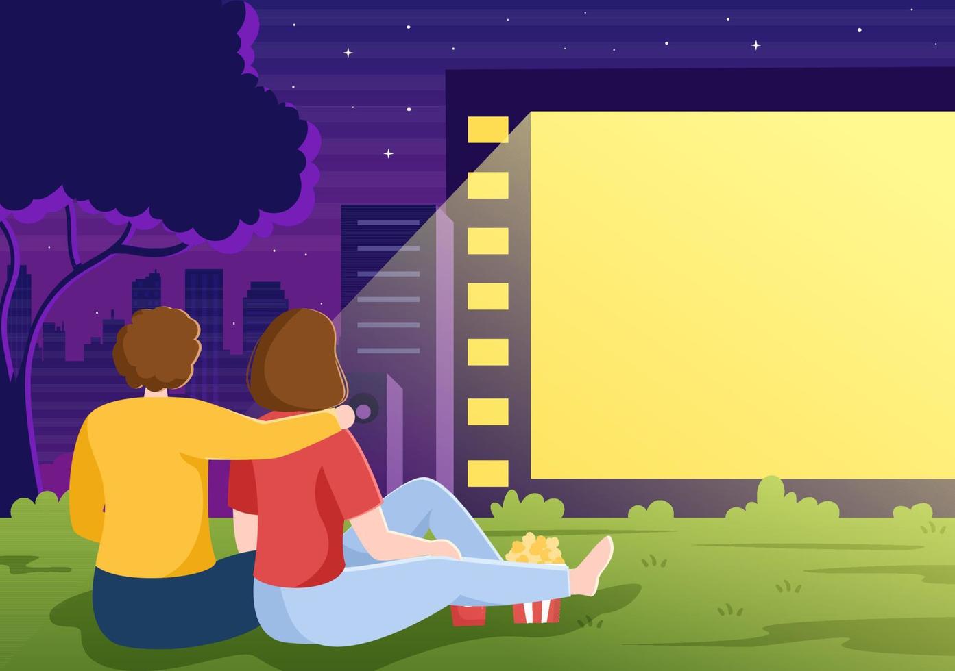 noche de cine con sistema de sonido para ver películas en pantalla grande al aire libre en ilustración de fondo de diseño plano para afiches o pancartas vector