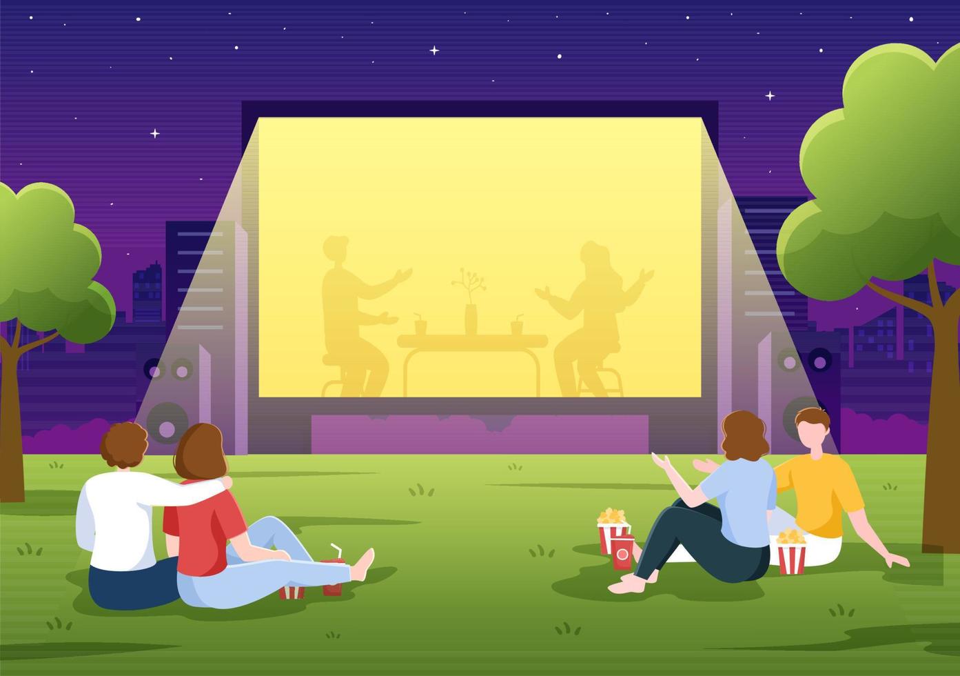 noche de cine con sistema de sonido para ver películas en pantalla grande al aire libre en ilustración de fondo de diseño plano para afiches o pancartas vector