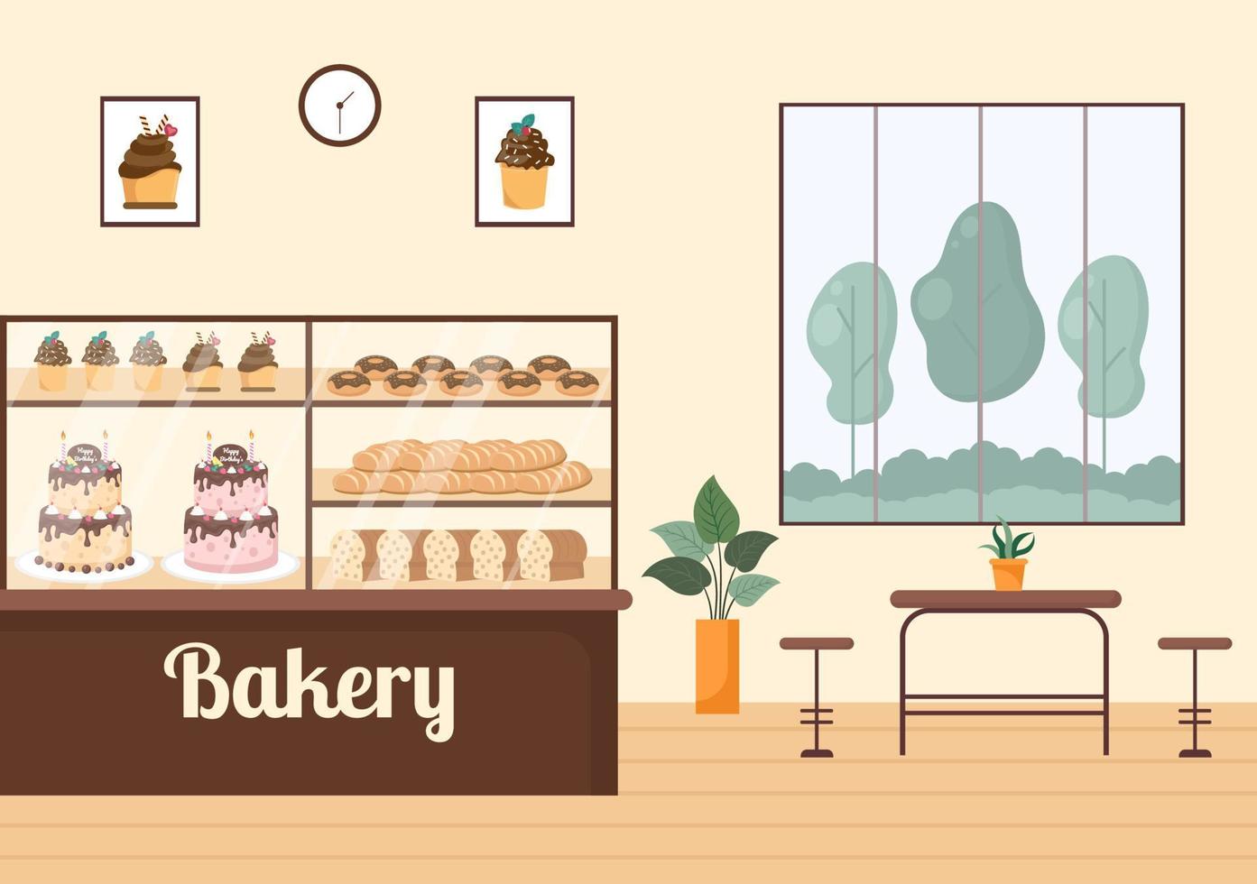 edificio de panadería que vende varios tipos de pan, como pan blanco, pastelería y otros, todos horneados en un fondo plano para ilustrar afiches vector