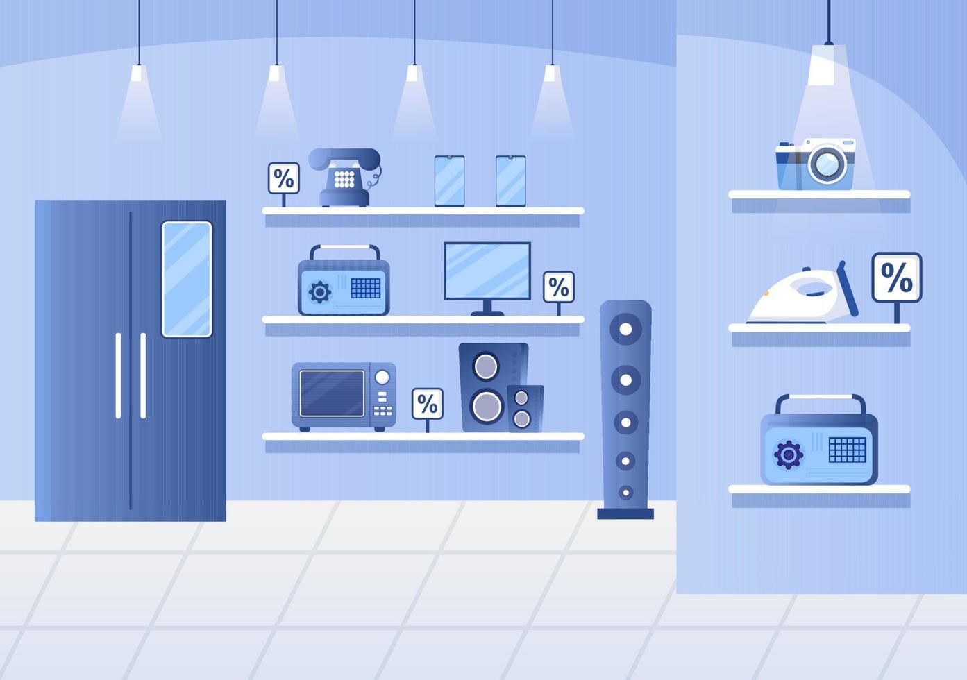 Electronics Store that Sells Computers, TV, Cellphones and Buying Home Appliance Product in Flat Background Illustration for Poster or Banner vector
