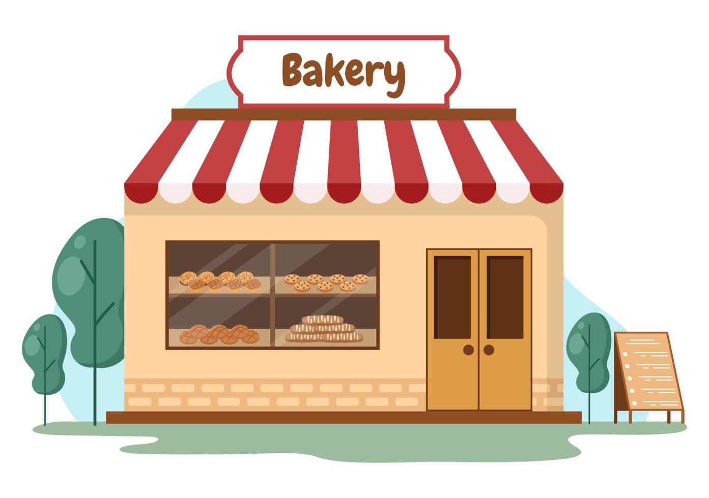 Bakery Shop Building That Sells Various Types of Bread such as White Bread, Pastry and Others All Baked in Flat Background for Poster Illustration vector