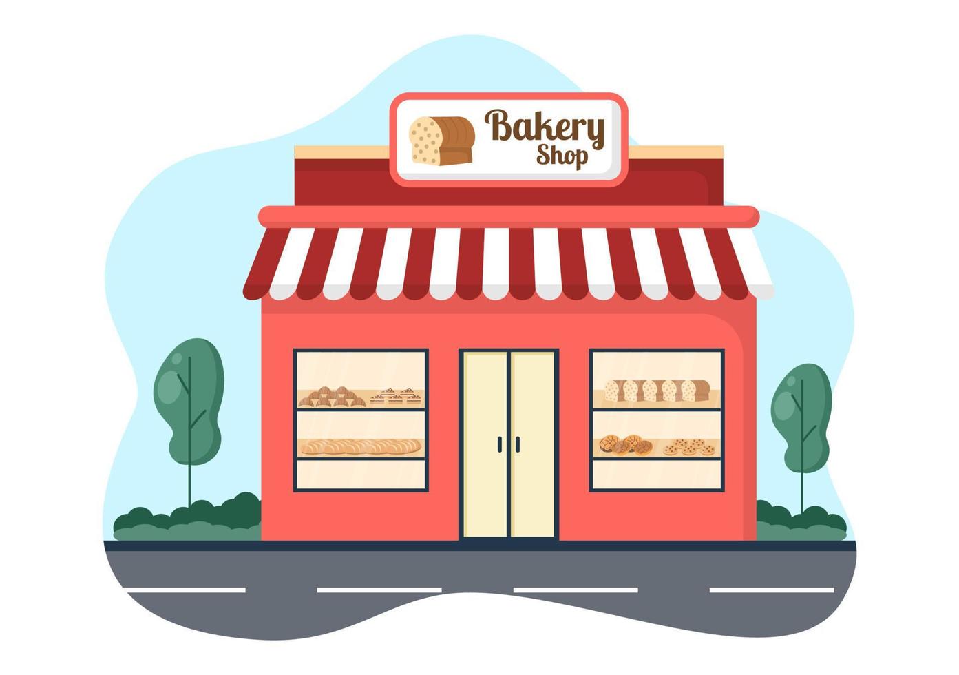 Bakery Shop Building That Sells Various Types of Bread such as White Bread, Pastry and Others All Baked in Flat Background for Poster Illustration vector