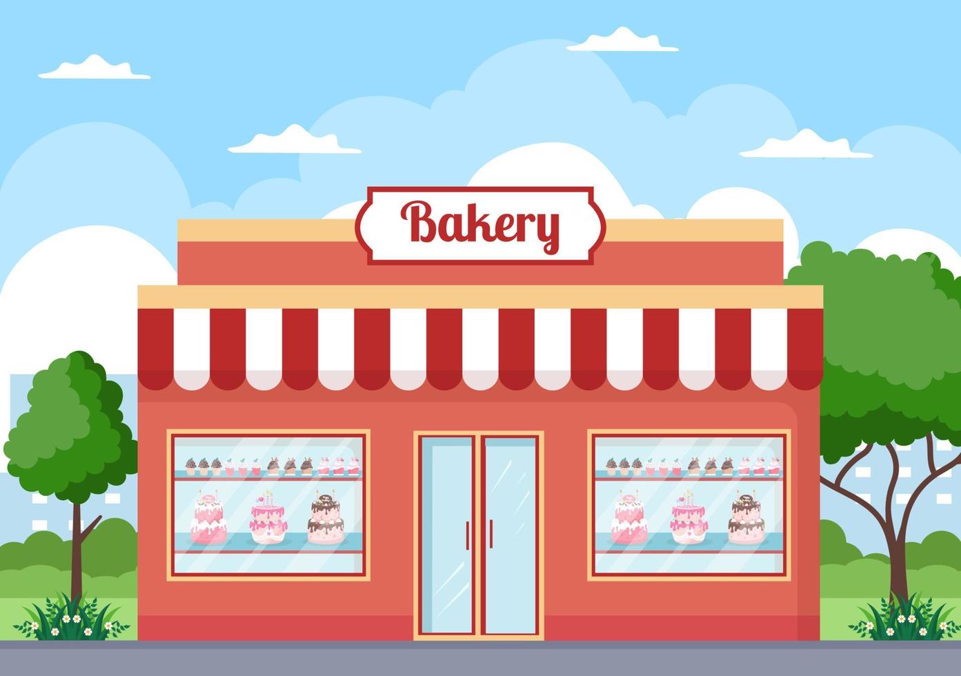 Bakery Shop Building That Sells Various Types of Bread such as White Bread, Pastry and Others All Baked in Flat Background for Poster Illustration vector