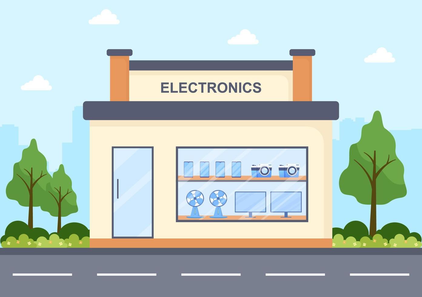 Electronics Store Building that Sells Computers, TV, Cellphones and Buying Home Appliance Product in Flat Background Illustration for Poster or Banner vector