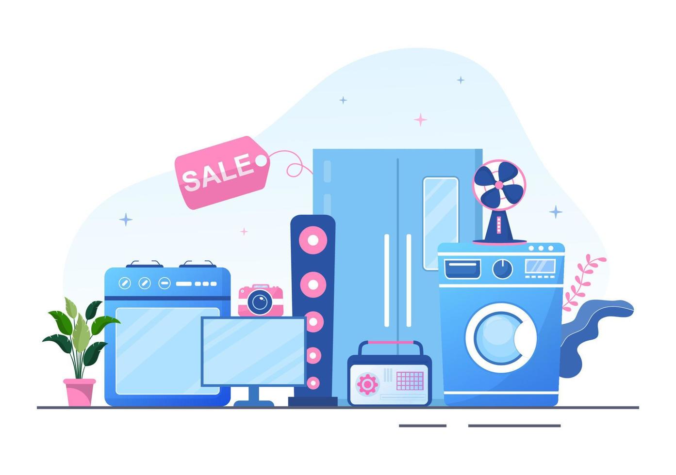 Electronics Store that Sells Computers, TV, Cellphones and Buying Home Appliance Product in Flat Background Illustration for Poster or Banner vector
