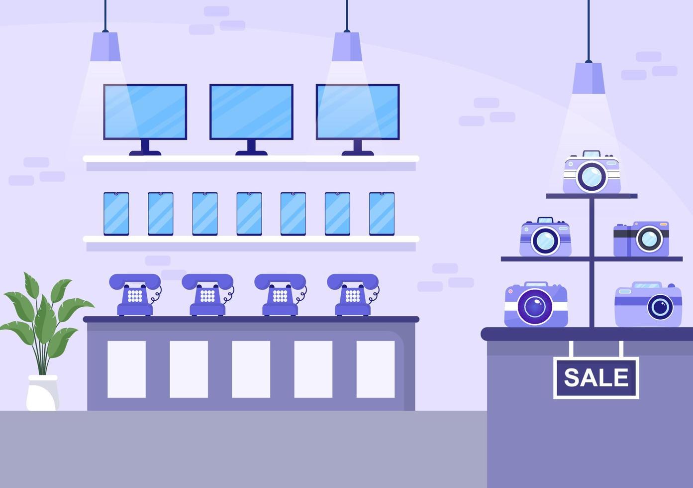 Electronics Store that Sells Computers, TV, Cellphones and Buying Home Appliance Product in Flat Background Illustration for Poster or Banner vector