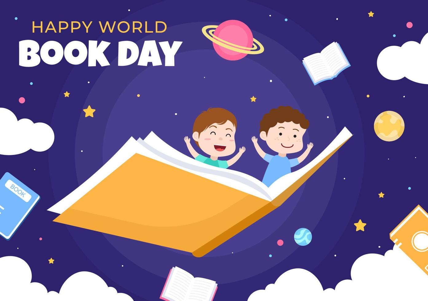 ilustración de fondo de dibujos animados plana del día mundial del libro con niños. pila de libros para leer, aumentar la comprensión y el conocimiento adecuado para papel tapiz o afiche vector