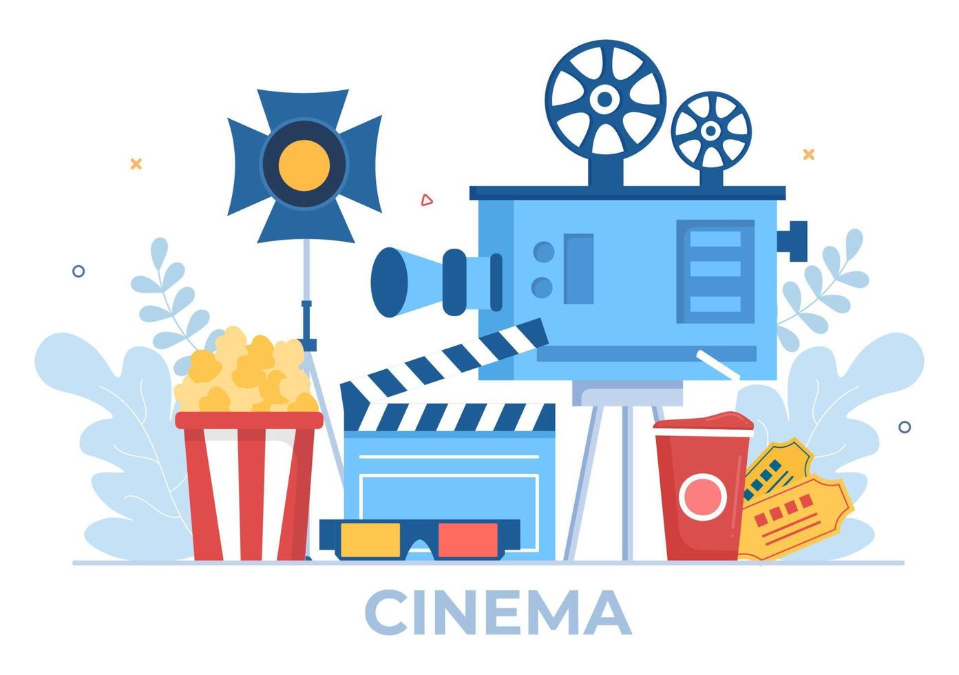 espectáculo de estreno de película o cine con cámara, palomitas de maíz, claqueta, cinta de película y carrete en ilustración de fondo de diseño plano vector