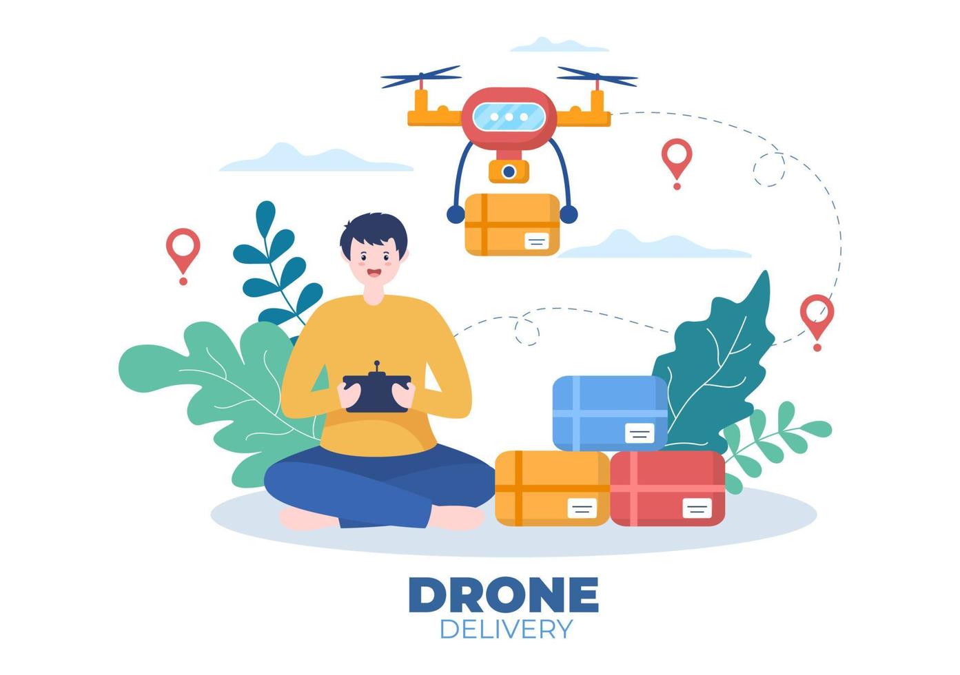 Delivery Service use Drone Background Vector Illustration. Employee Distributing Boxes using Modern Technology Device for Shipping Parcel Package
