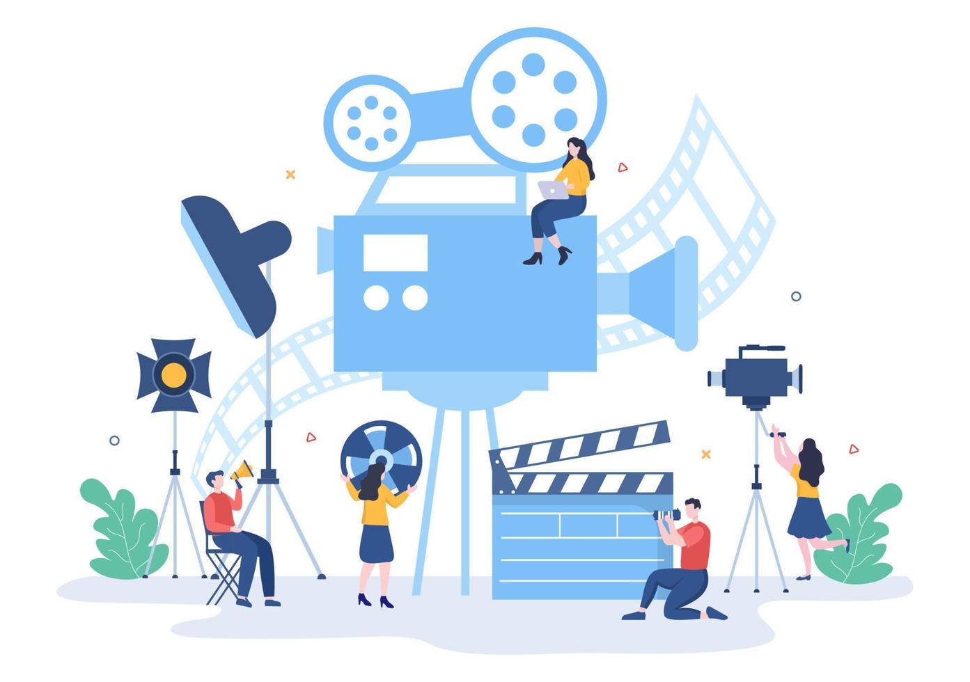 Movie Studio with Camera Crew Team People, Directur, lights, Microphone on Scene Shooting Location for Making Film in Flat Design Background Illustration vector