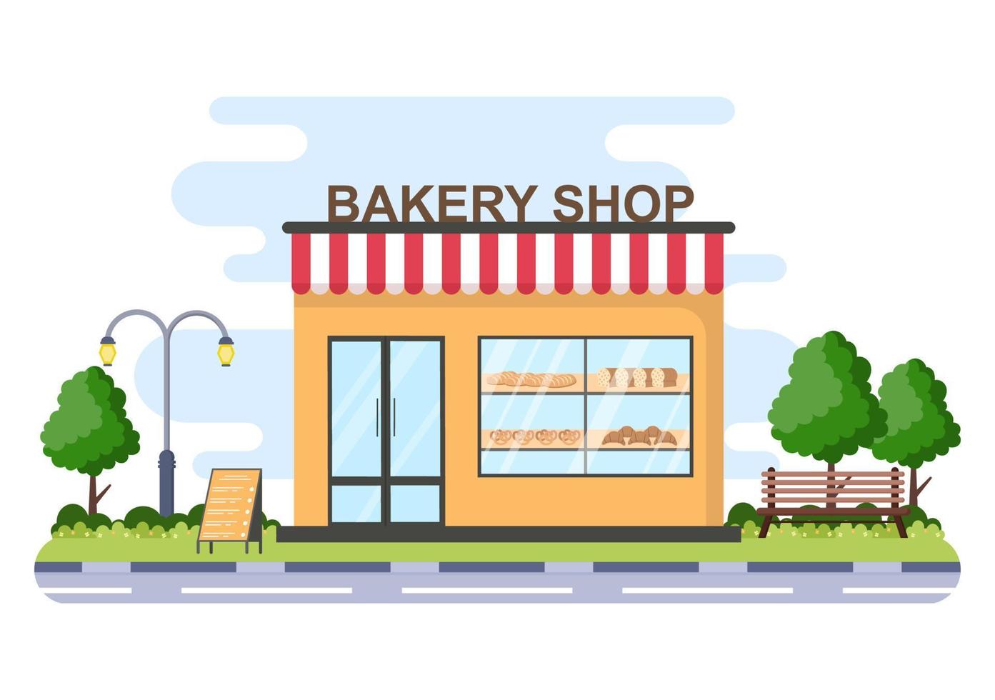 Bakery Shop Building That Sells Various Types of Bread such as White Bread, Pastry and Others All Baked in Flat Background for Poster Illustration vector