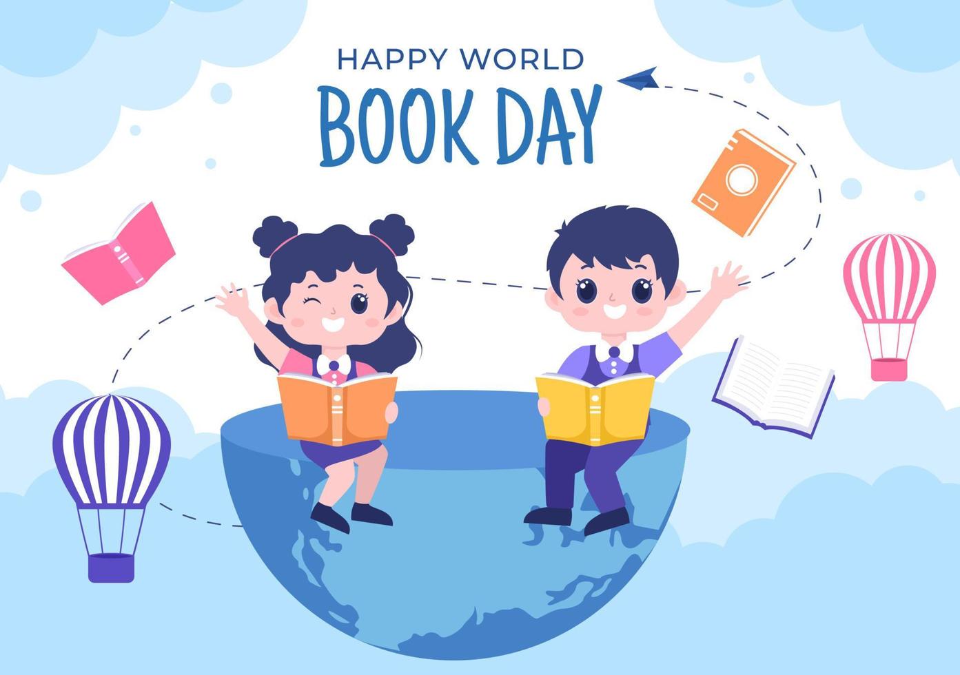 ilustración de fondo de dibujos animados plana del día mundial del libro con niños. pila de libros para leer, aumentar la comprensión y el conocimiento adecuado para papel tapiz o afiche vector