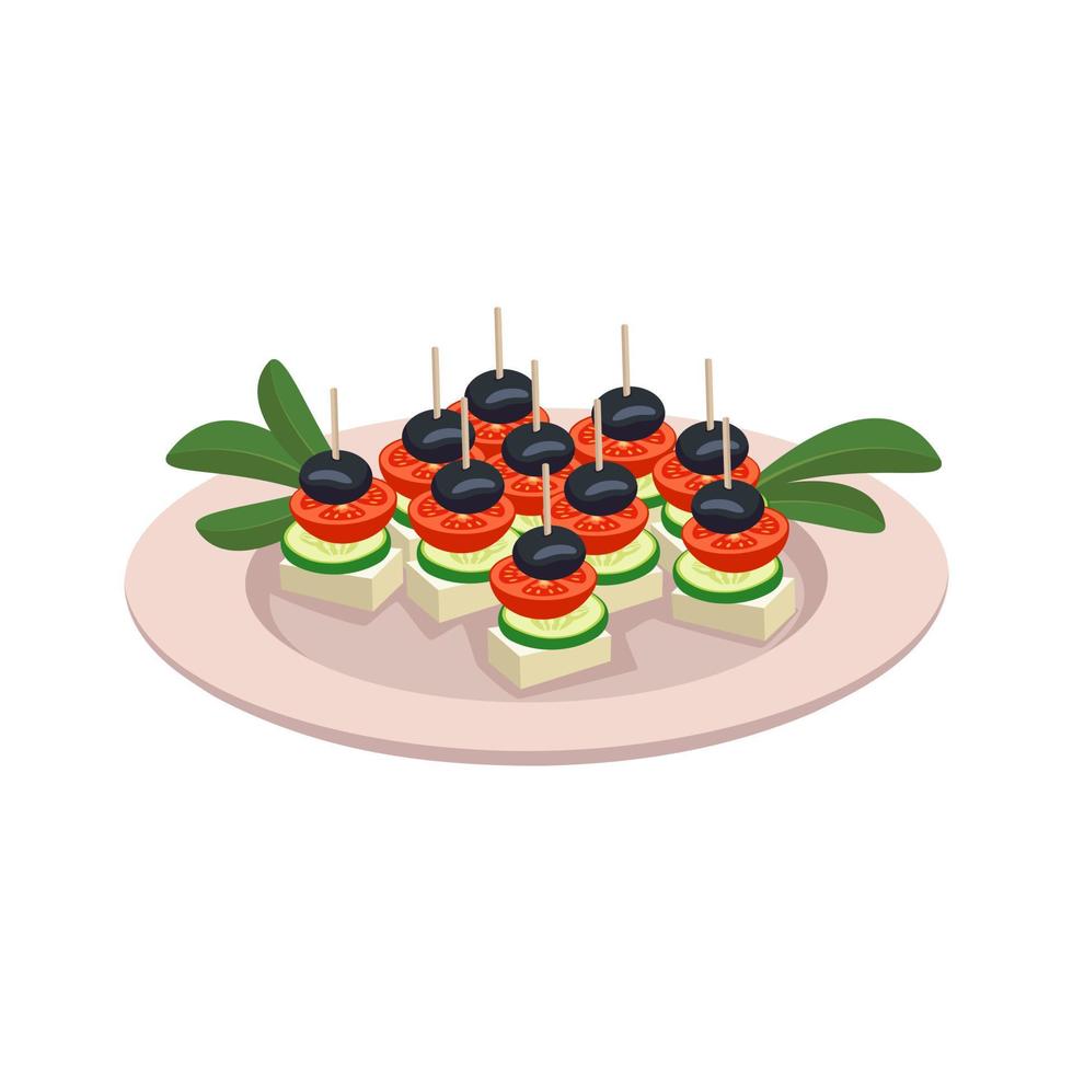 deliciosa comida para picar con queso, tomate, pepino y aceitunas. aperitivo festivo, decoración de comida de fiesta. merienda útil. ilustración plana vectorial vector