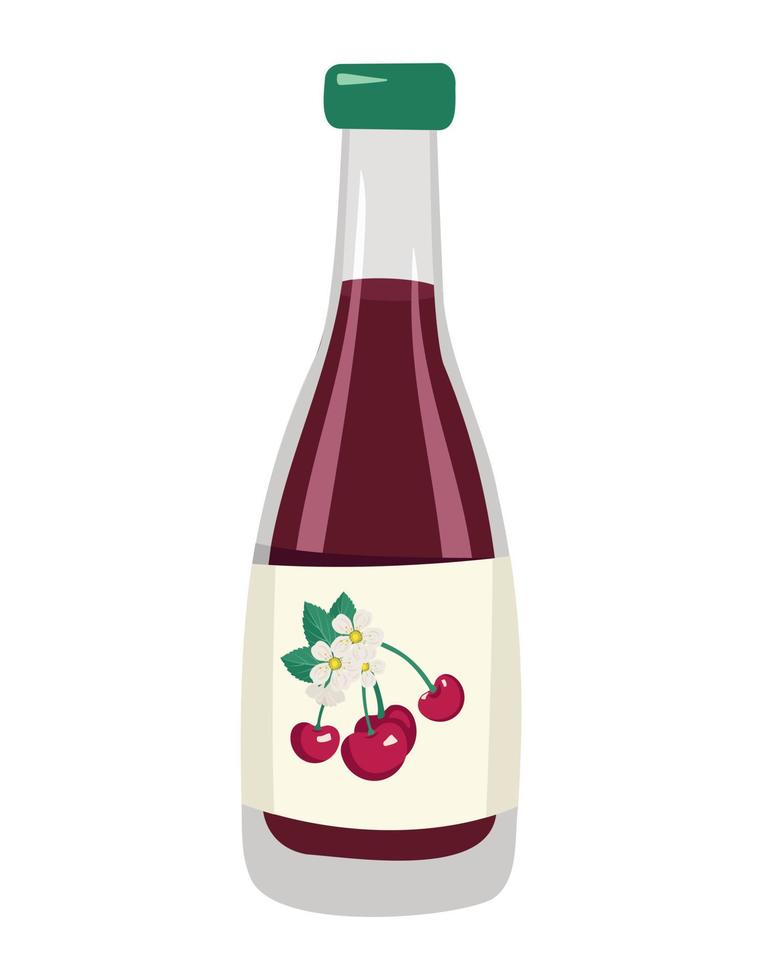 Glass bottle of cherry juice or drink. Sweet delicious food and beverage. Vector flat illustration