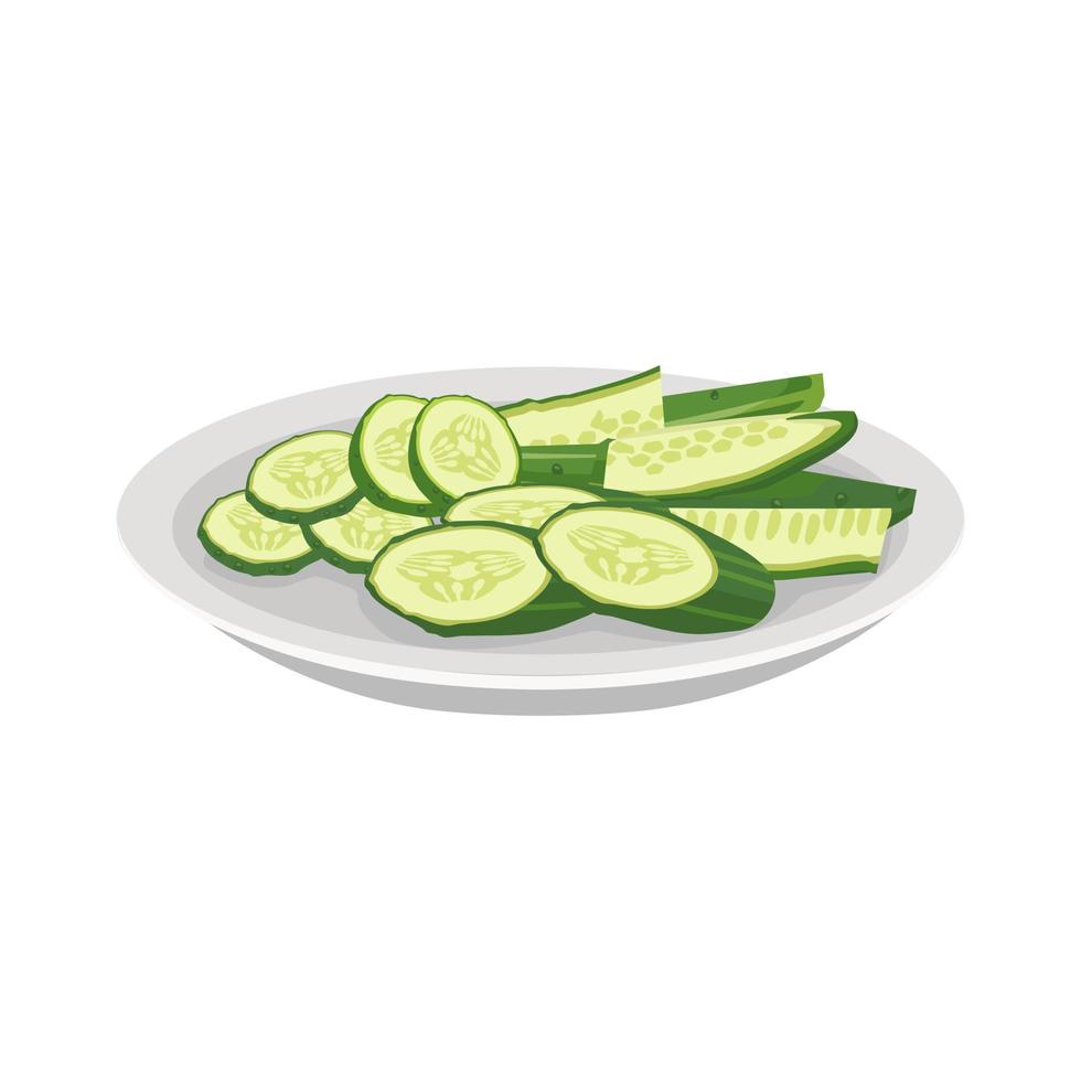 Green sliced cucumber on plate. Delicious healthy vegetable, fresh food for salad preparation, harvest. Vector flat illustration