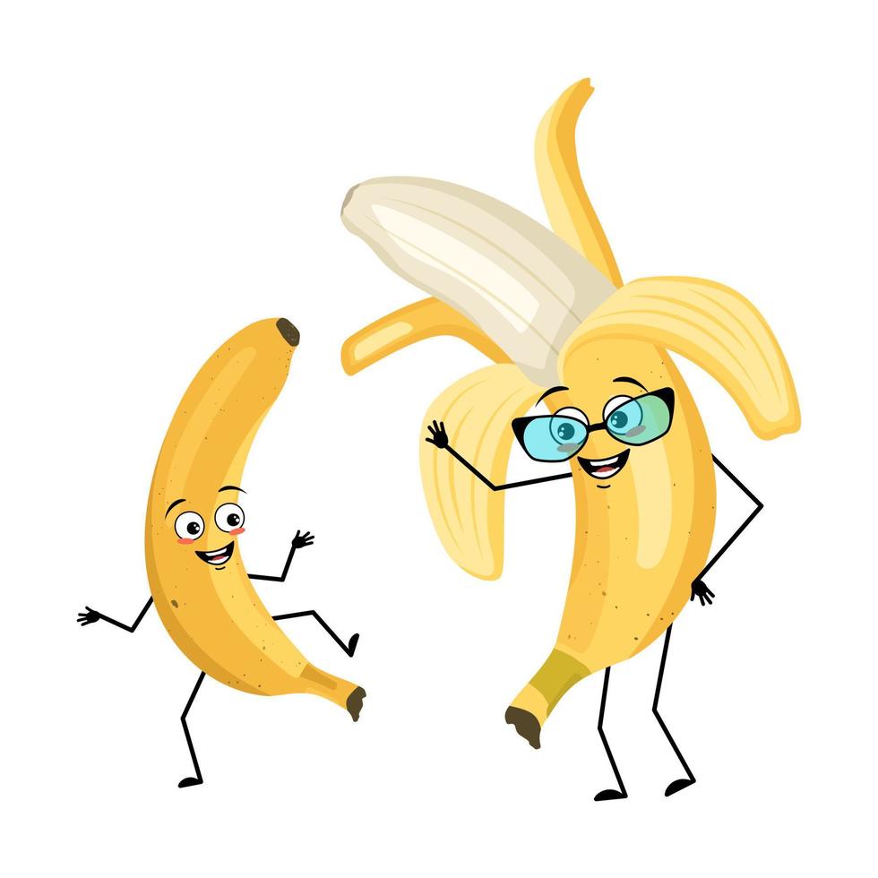 Banana character with happy emotion, joyful face, smile eyes, arms and legs. Person with expression, fruit emoticon. Grandmother with glasses and grandson dancing. Vector flat illustration