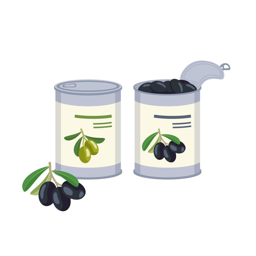 Dark and green olives in open and closed tin. Ready made traditional Greek food, delicious appetizer. Vector flat illustration